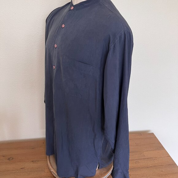 Vintage Nehru Silk Long Sleeve Shirt - Navy - Size XL - I.Magnin - Picture 6 of 8